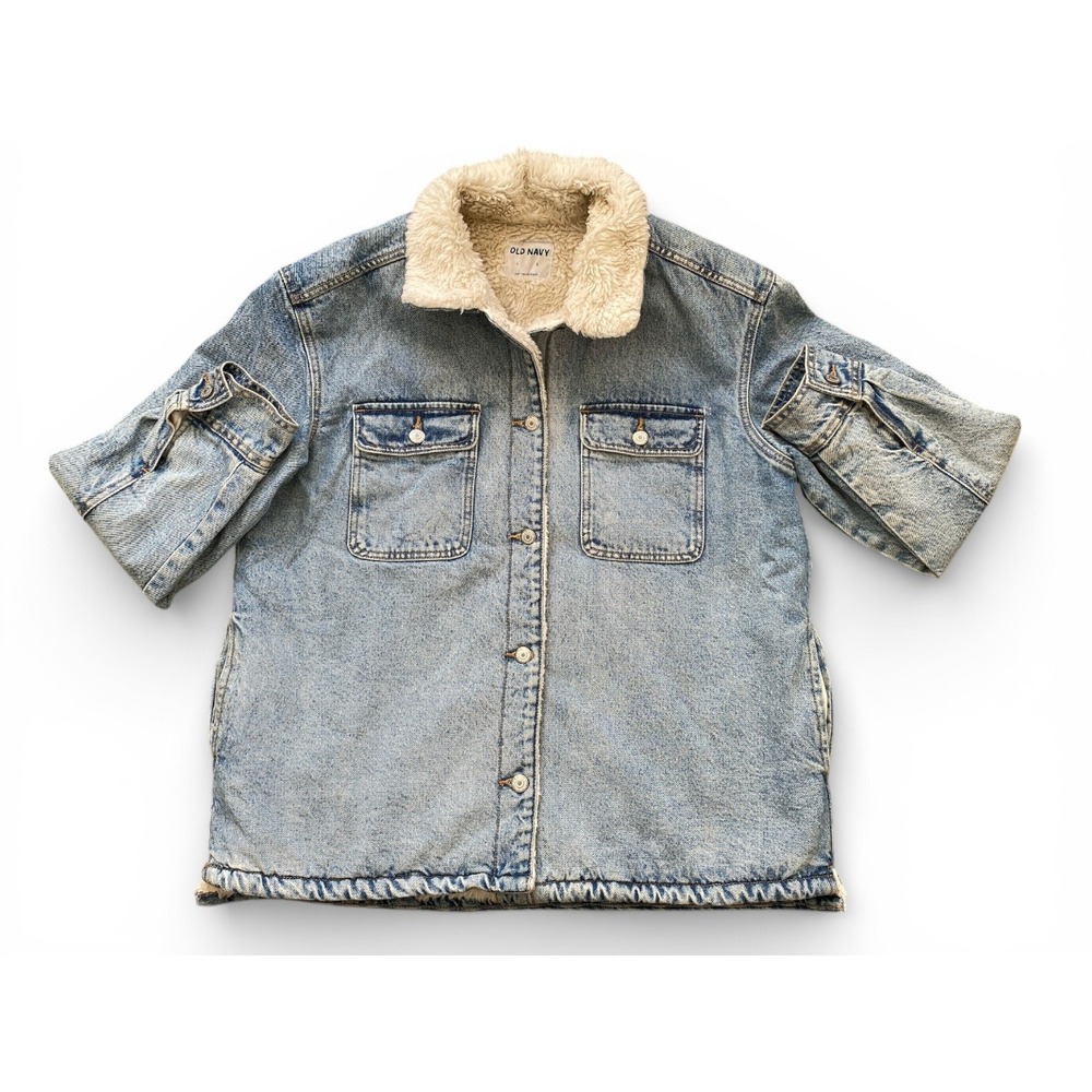 OLD NAVY FUR LINED JEAN‎ JACKET, L, FAUX SHEARLING, UNISEX, DENIM, WINTER, WARM